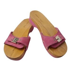 Kate Spade x Dr Scholls Pink Suede Wooden Slip On Sandals Size 9 Summer Fun